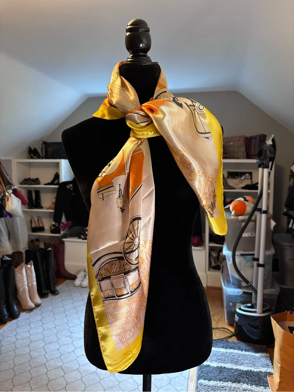 Vintage Silk Carriage Print Square Scarf – Peach Ivory & Gold